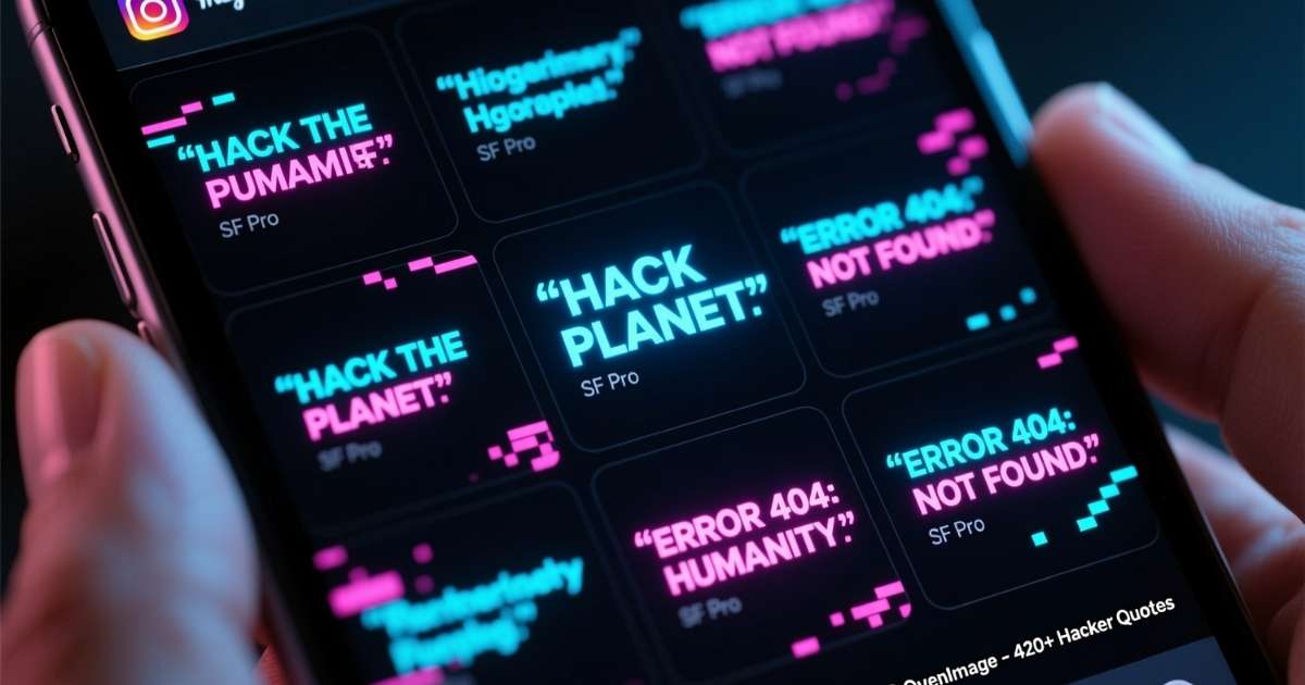 Aesthetic hacker-themed background with bold text showing hacker quotes and Instagram captions for a tech-savvy vibe.