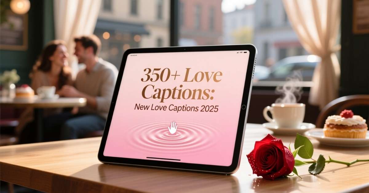 Romantic couple with text overlay “350+ Love Captions – New Love Captions 2025”
